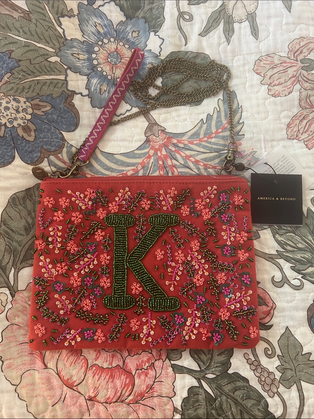 Anthropologie A&B Beaded Crossbody with Green 'K'